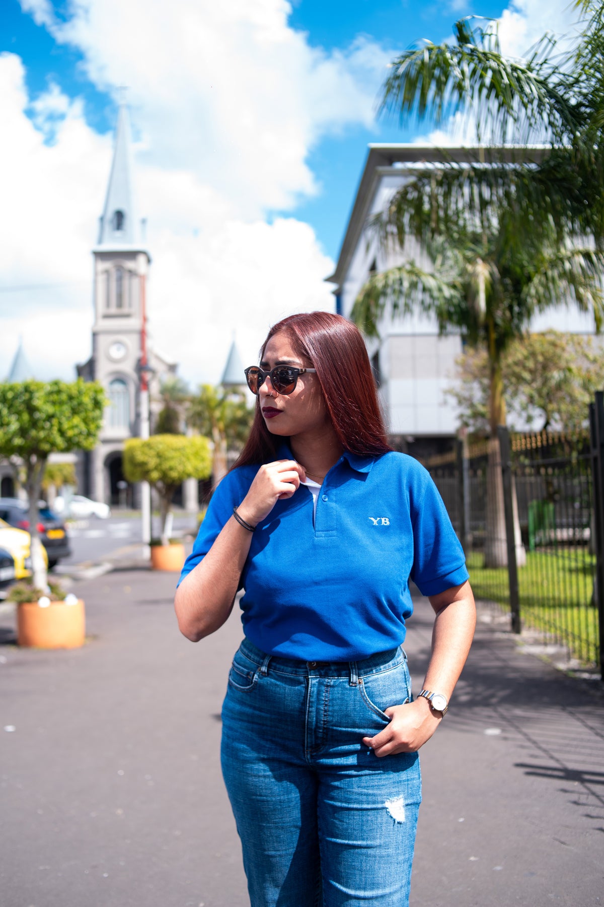 Y&B BLUE COTTON PIQUE POLO SHIRT